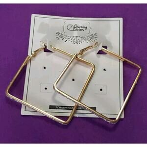 Large Geometric Design Square Hoop Earrings In Gold Tone Metal & Glittery Accent